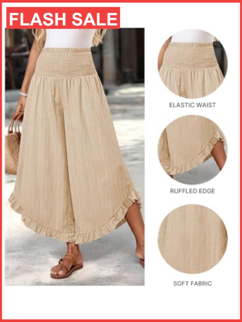 Wide Leg Palazzo Pants for Women High Waist Flowy Ruffle Hem Summer Beach - Picture 6 of 7